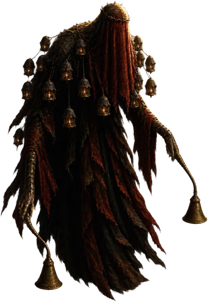 The Vesper Widow, sosok bercadar sangat tinggi berkain merah senja, lentera kecil bergantung di bahunya